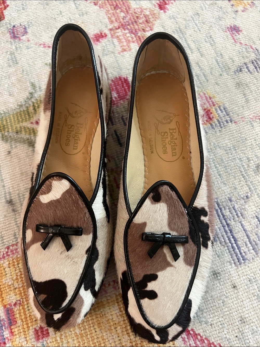 Belgian shoes Cowhide Pattern Leather Trim Loafers in Brown and White
